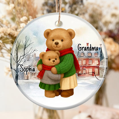 Heartwarming Teddy Bear Grandma Hugging Grandkid - Personalized Ceramic Ornament - Gift For Grandkids, Granddaughter, Grandson