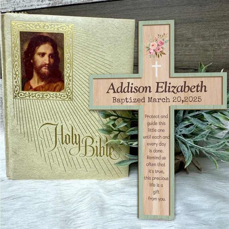 Personalized Floral Cross Keepsake – Custom Name, Occasion & Date – Faith Gift for Baptism, Christening, or Nursery Decor