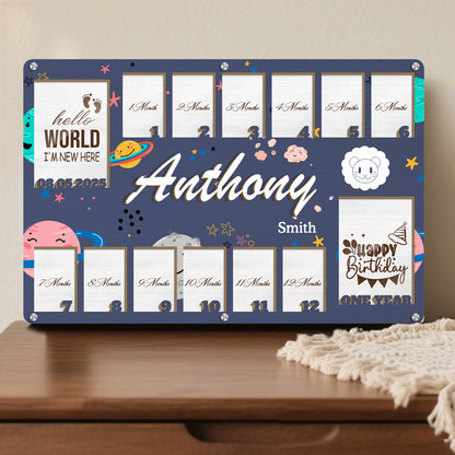 Personalized Zodiac Baby Milestone Frame – Wooden Keepsake with 14 Photo Slots – Gift for New Parents or Nursery Decor