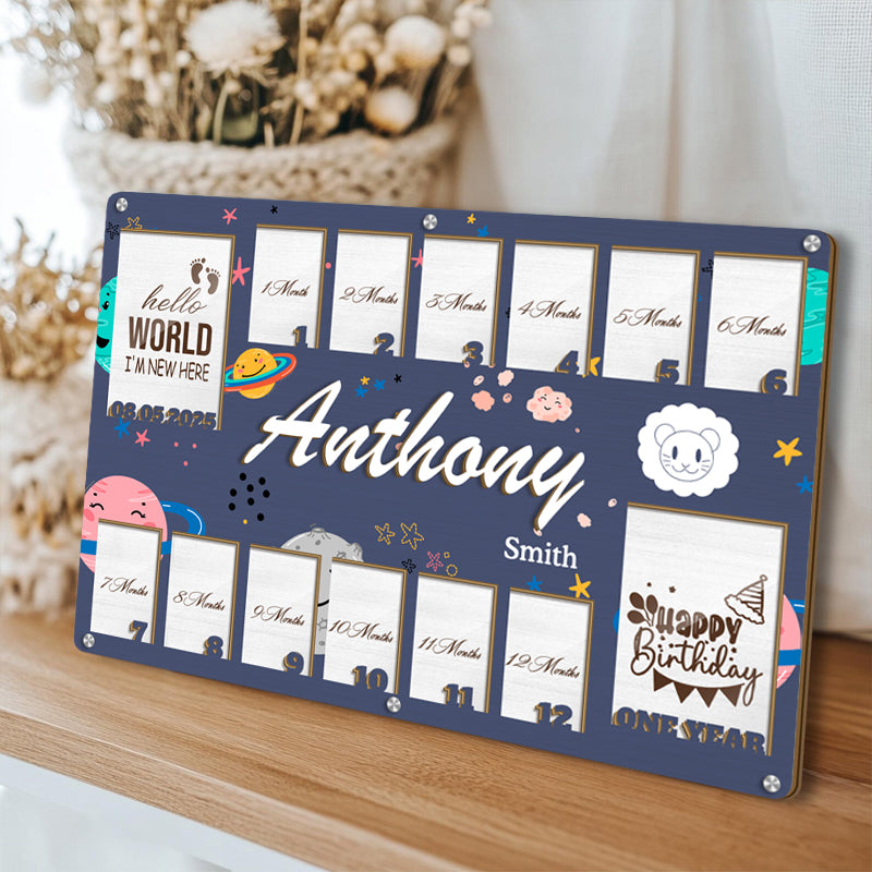 Personalized Zodiac Baby Milestone Frame – Wooden Keepsake with 14 Photo Slots – Gift for New Parents or Nursery Decor
