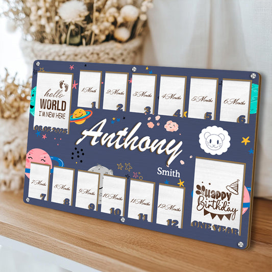 Personalized Zodiac Baby Milestone Frame – Wooden Keepsake with 14 Photo Slots – Gift for New Parents or Nursery Decor
