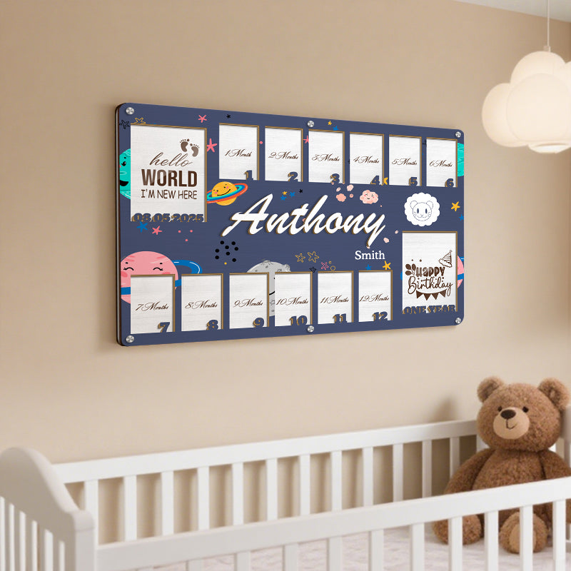 Personalized Zodiac Baby Milestone Frame – Wooden Keepsake with 14 Photo Slots – Gift for New Parents or Nursery Decor