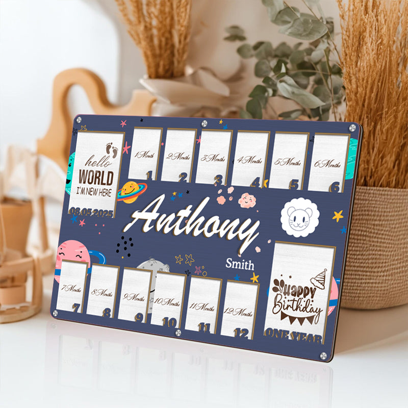 Personalized Zodiac Baby Milestone Frame – Wooden Keepsake with 14 Photo Slots – Gift for New Parents or Nursery Decor