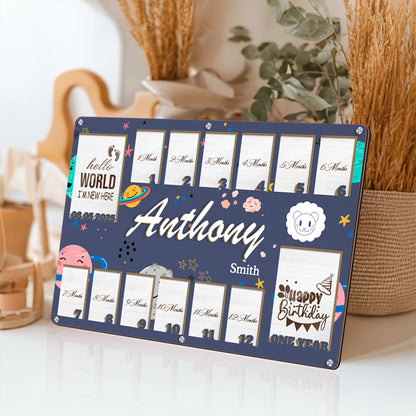 Personalized Zodiac Baby Milestone Frame – Wooden Keepsake with 14 Photo Slots – Gift for New Parents or Nursery Decor