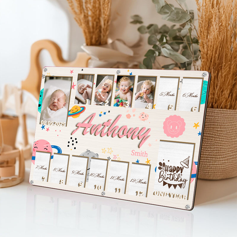 Personalized Zodiac Baby Milestone Frame – Wooden Keepsake with 14 Photo Slots – Gift for New Parents or Nursery Decor