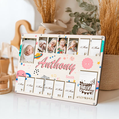 Personalized Zodiac Baby Milestone Frame – Wooden Keepsake with 14 Photo Slots – Gift for New Parents or Nursery Decor