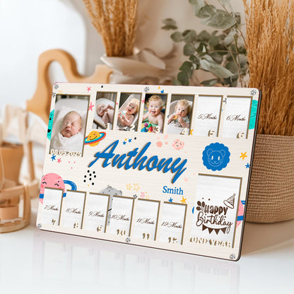 Personalized Zodiac Baby Milestone Frame – Wooden Keepsake with 14 Photo Slots – Gift for New Parents or Nursery Decor