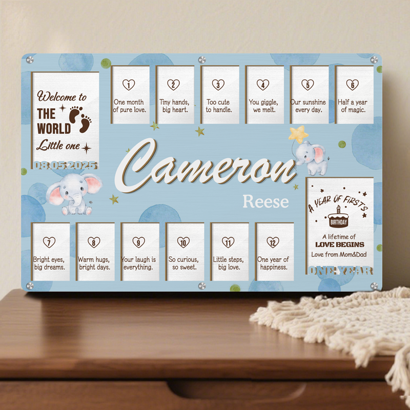 Custom Baby Monthly Milestone Frame – Personalized Wooden Keepsake for 14 Photos with Monthly Captions – Gift for New Parents or Baby Shower