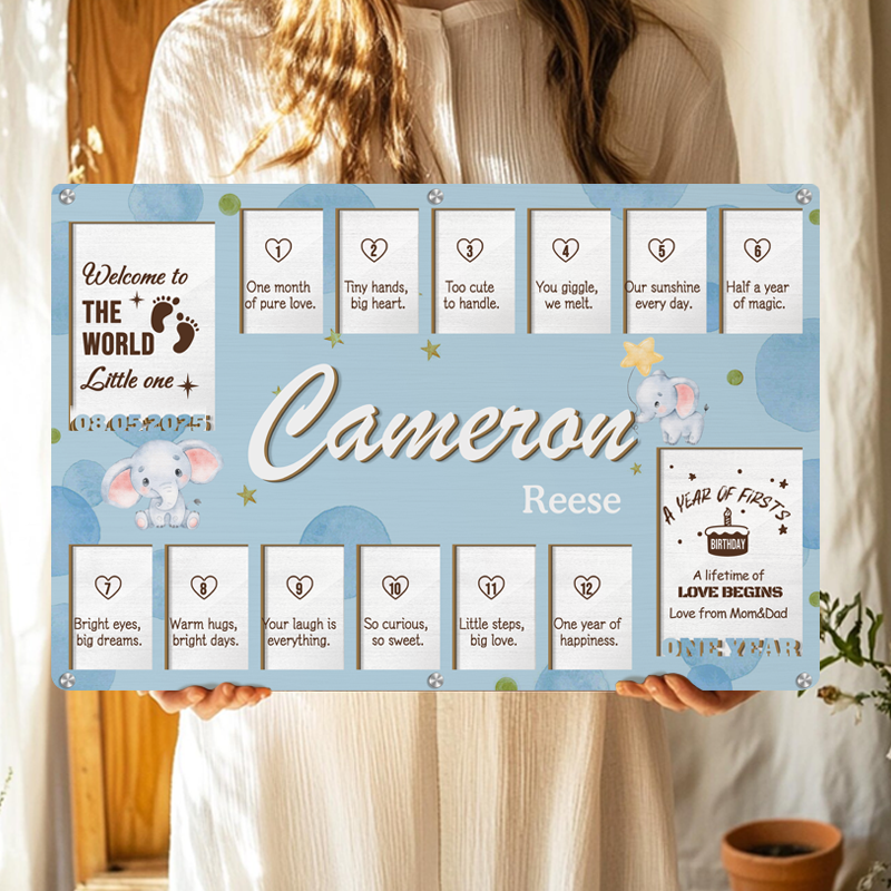 Custom Baby Monthly Milestone Frame – Personalized Wooden Keepsake for 14 Photos with Monthly Captions – Gift for New Parents or Baby Shower