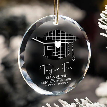Personalized Graduation Ornament – Custom Circle Glass Keepsake with University Map, Name, Year & Coordinates – Meaningful Gift for Graduate or Teacher