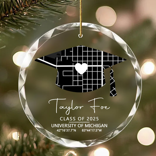 Personalized Graduation Ornament – Custom Circle Glass Keepsake with University Map, Name, Year & Coordinates – Meaningful Gift for Graduate or Teacher
