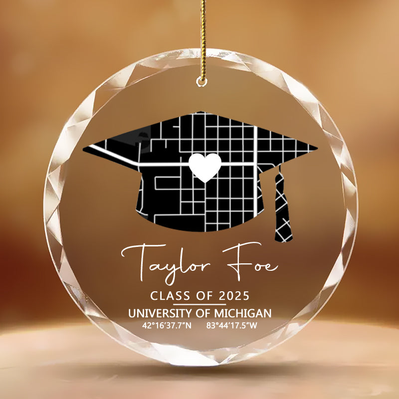 Personalized Graduation Ornament – Custom Circle Glass Keepsake with University Map, Name, Year & Coordinates – Meaningful Gift for Graduate or Teacher