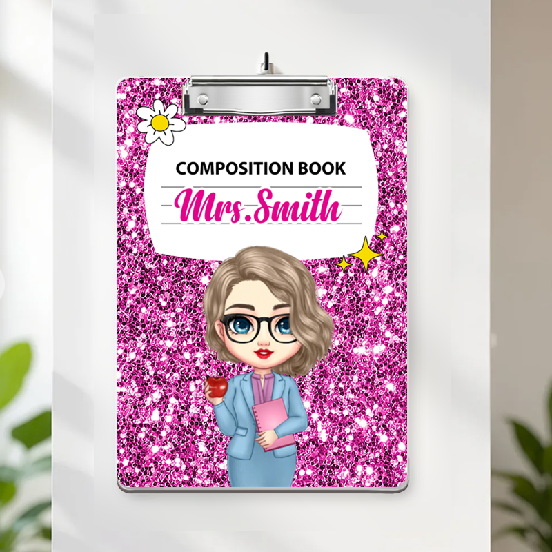 Custom Teacher Clipboard – Personalized Acrylic Clipboard with Galaxy Composition Book Pattern, Gift for Teachers and Classroom Use