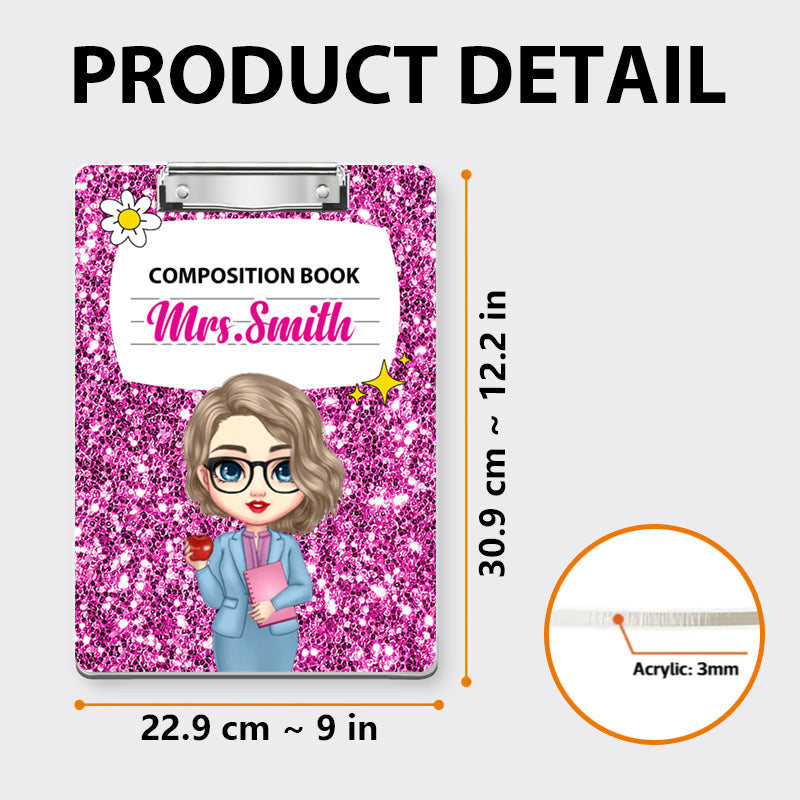 Custom Teacher Clipboard – Personalized Acrylic Clipboard with Galaxy Composition Book Pattern, Gift for Teachers and Classroom Use