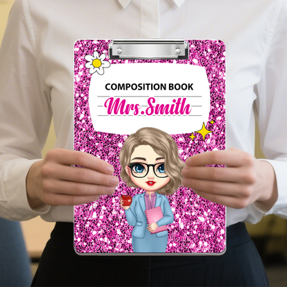 Custom Teacher Clipboard – Personalized Acrylic Clipboard with Galaxy Composition Book Pattern, Gift for Teachers and Classroom Use
