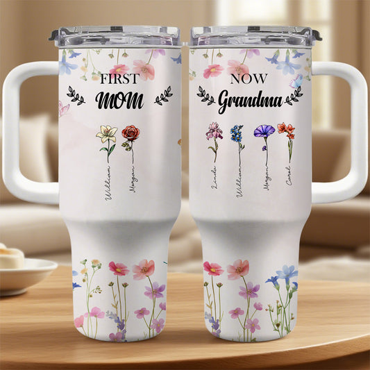 First Mom, Now Grandma Tumbler – Personalized 40 oz Floral Cup with Kids’ and Grandkids’ Names, Gift for Mother’s Day or Birthday