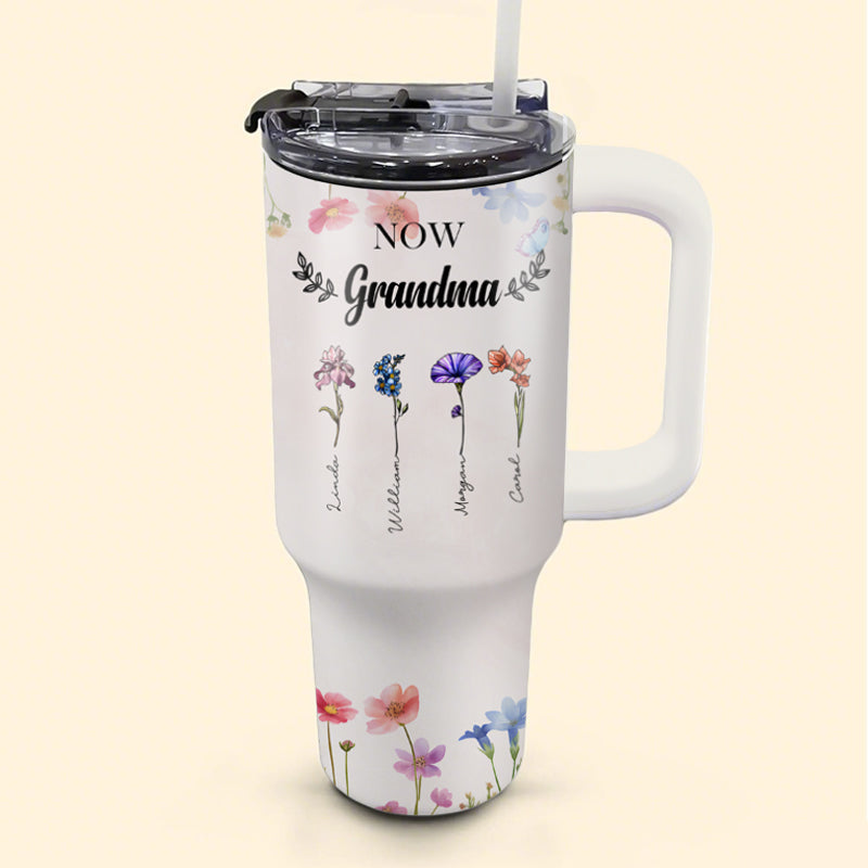 First Mom, Now Grandma Tumbler – Personalized 40 oz Floral Cup with Kids’ and Grandkids’ Names, Gift for Mother’s Day or Birthday