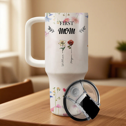 First Mom, Now Grandma Tumbler – Personalized 40 oz Floral Cup with Kids’ and Grandkids’ Names, Gift for Mother’s Day or Birthday