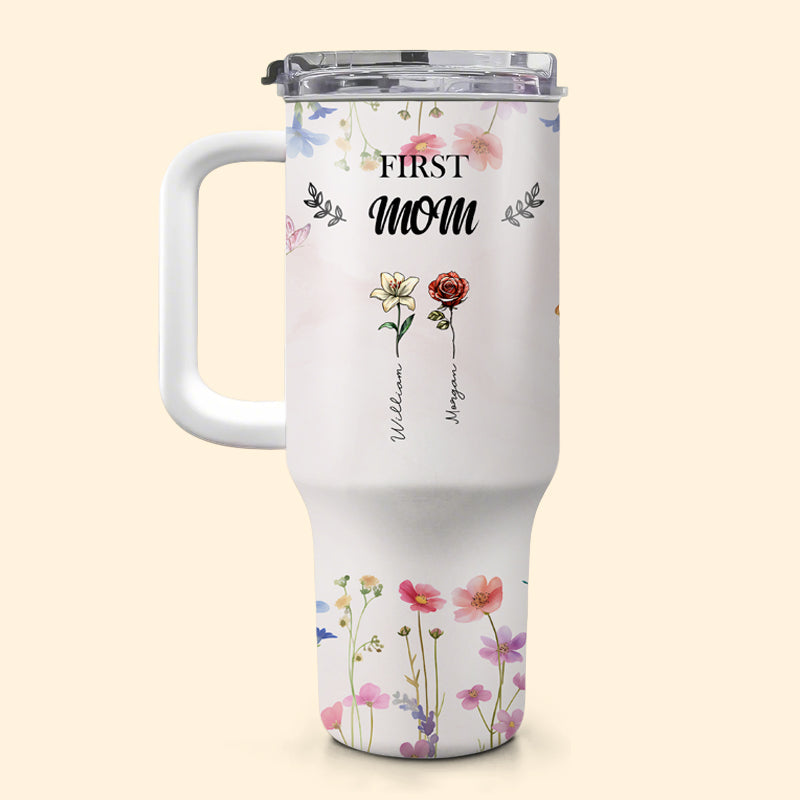First Mom, Now Grandma Tumbler – Personalized 40 oz Floral Cup with Kids’ and Grandkids’ Names, Gift for Mother’s Day or Birthday