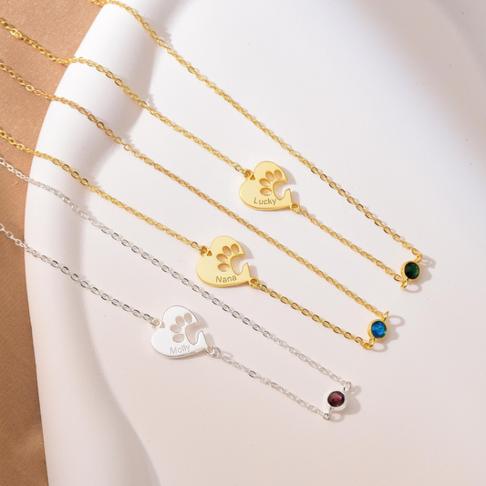 Custom Heart Paw Necklace – Personalized Pet Names & Birthstone – Ideal Gift for Pet Lovers