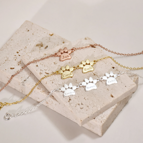Custom Paw Print Bracelet – Engraved Pet Name Plates – Gift for Pet Lovers