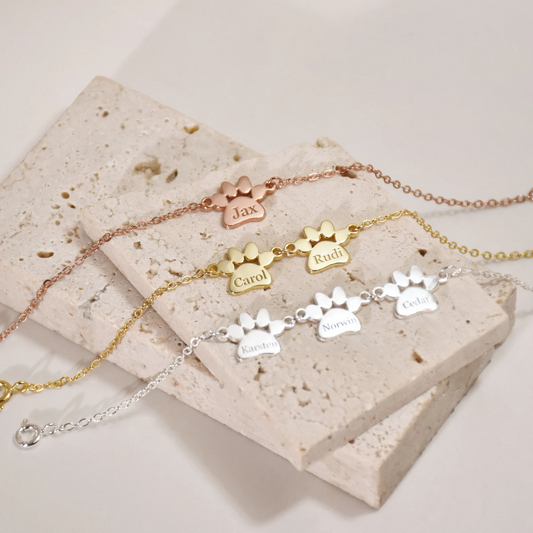 Custom Paw Print Bracelet – Engraved Pet Name Plates – Gift for Pet Lovers