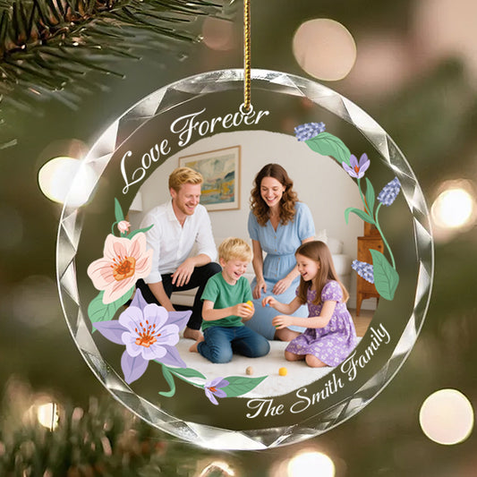Personalized Floral Family Photo Ornament – Custom Glass Keepsake with Photo & Floral Design – Gift for Family & Holidays