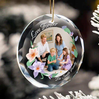Personalized Floral Family Photo Ornament – Custom Glass Keepsake with Photo & Floral Design – Gift for Family & Holidays