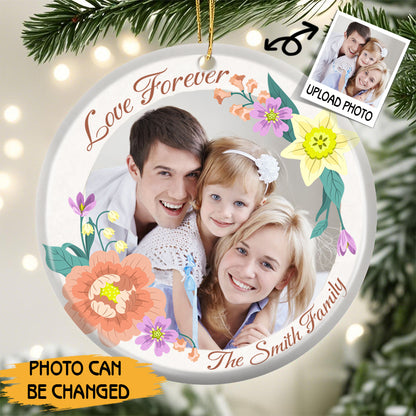 Personalized Floral Family Photo Ornament – Custom Ceramic Keepsake with Photo & Floral Design – Gift for Family & Holidays