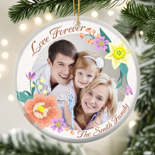 Personalized Floral Family Photo Ornament – Custom Ceramic Keepsake with Photo & Floral Design – Gift for Family & Holidays