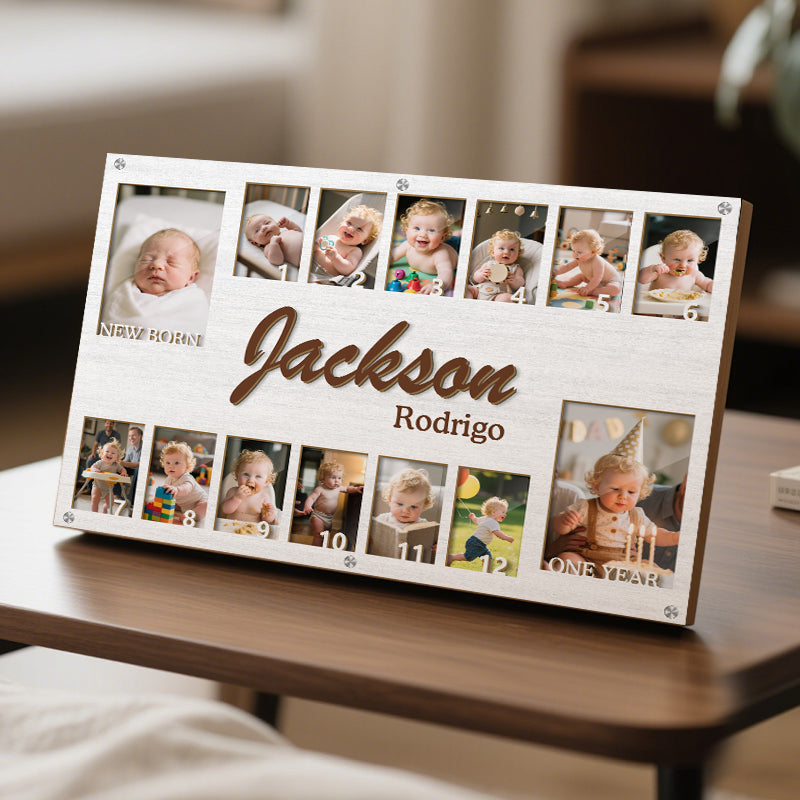 Custom Baby First Year Photo Frame – Personalized Wooden Keepsake for 14 Photos – Gift for New Parents or Baby Shower