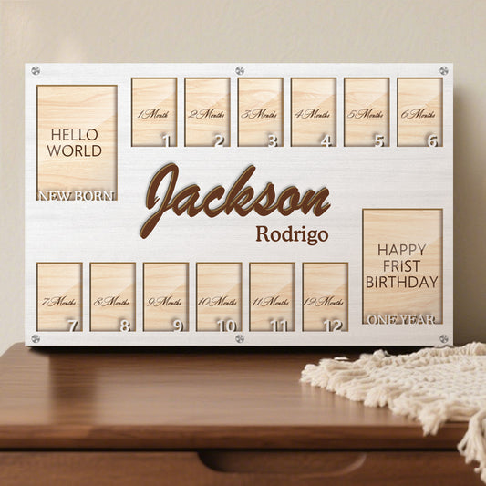 Custom Baby First Year Photo Frame – Personalized Wooden Keepsake for 14 Photos – Gift for New Parents or Baby Shower