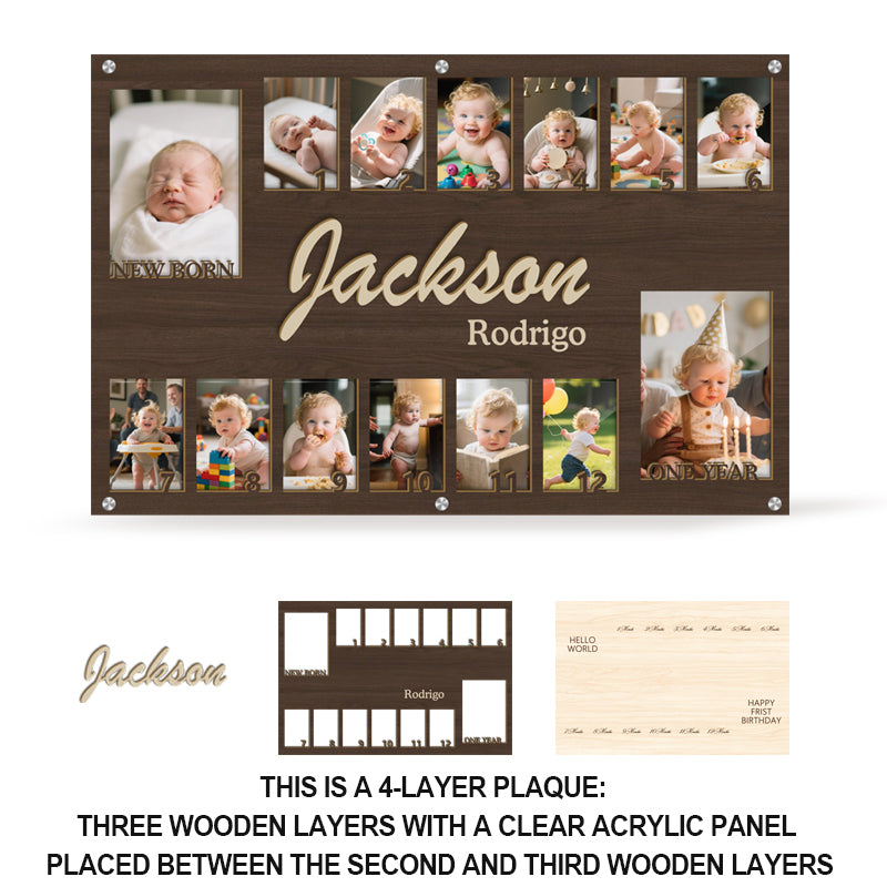 Custom Baby First Year Photo Frame – Personalized Wooden Keepsake for 14 Photos – Gift for New Parents or Baby Shower