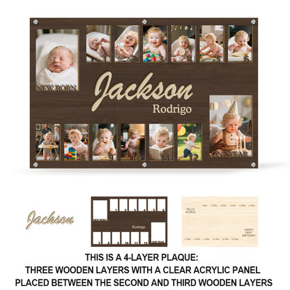 Custom Baby First Year Photo Frame – Personalized Wooden Keepsake for 14 Photos – Gift for New Parents or Baby Shower