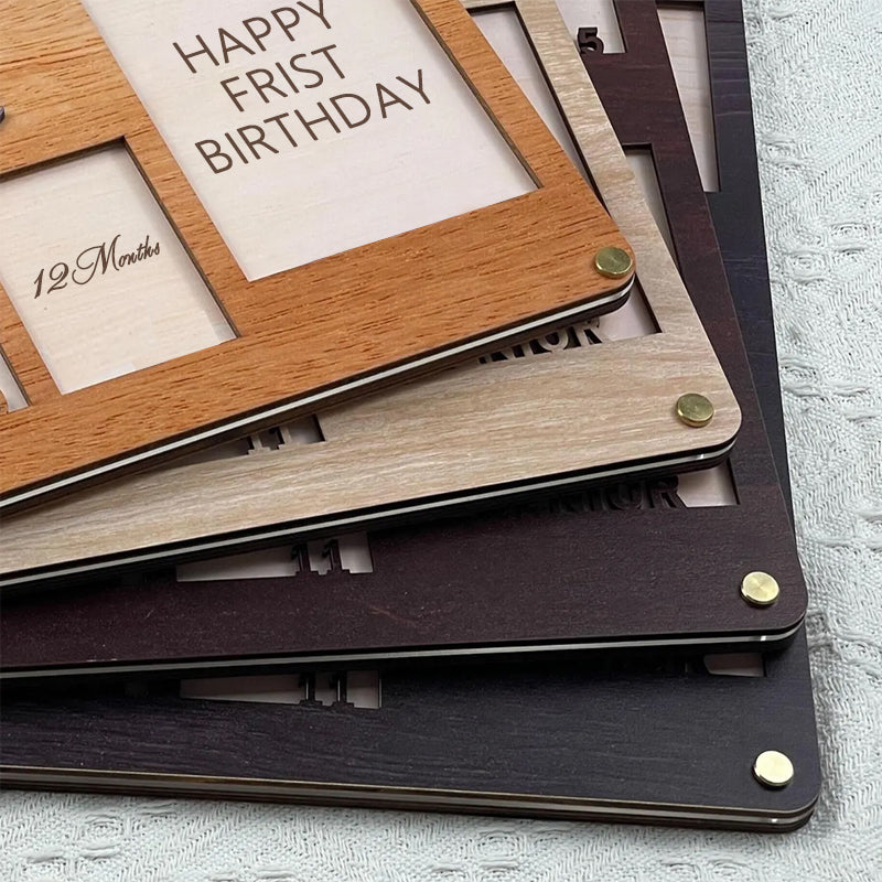 Custom Baby First Year Photo Frame – Personalized Wooden Keepsake for 14 Photos – Gift for New Parents or Baby Shower