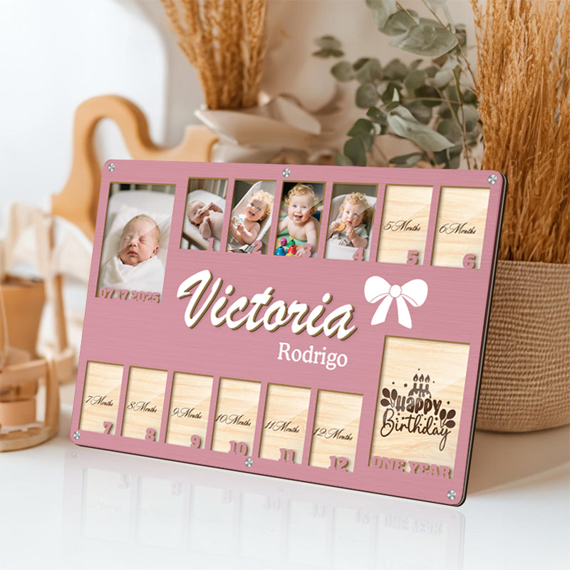 Custom Baby Monthly Milestone Frame  – Personalized Wooden Keepsake for 14 Photos – Gift for New Parents or Baby Shower