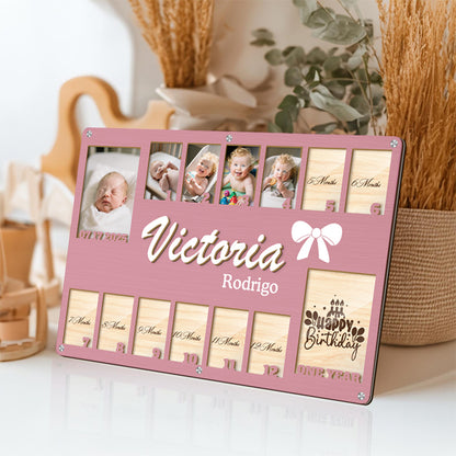 Custom Baby Monthly Milestone Frame  – Personalized Wooden Keepsake for 14 Photos – Gift for New Parents or Baby Shower