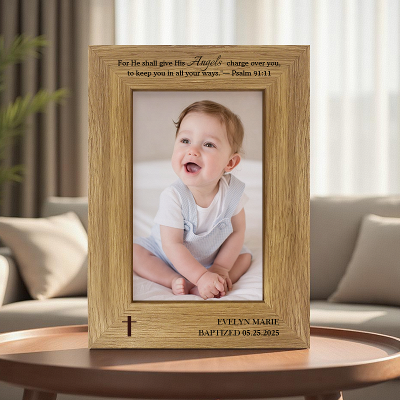 Custom Baby Baptism Frame with Printed Photo – Personalized Name & Date – Psalm 91:11 Quote – Gift for Christening or Baby Dedication