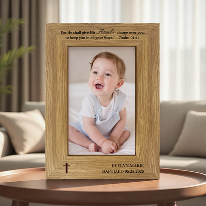 Custom Baby Baptism Frame with Printed Photo – Personalized Name & Date – Psalm 91:11 Quote – Gift for Christening or Baby Dedication