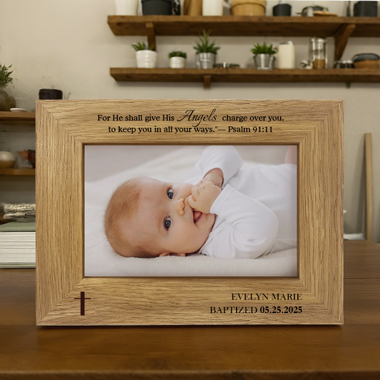 Custom Baby Baptism Frame with Printed Photo – Personalized Name & Date – Psalm 91:11 Quote – Gift for Christening or Baby Dedication