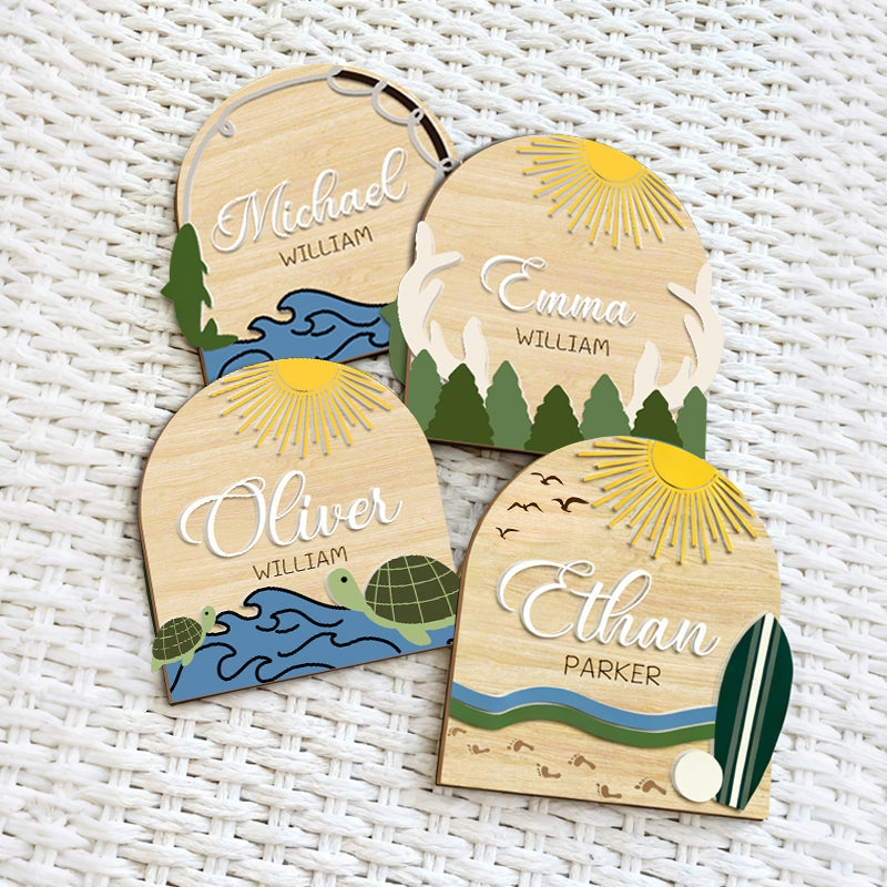 Personalized Wooden Baby Name Sign – Natural Forest and Ocean Design for Nursery or Baby Shower Gift