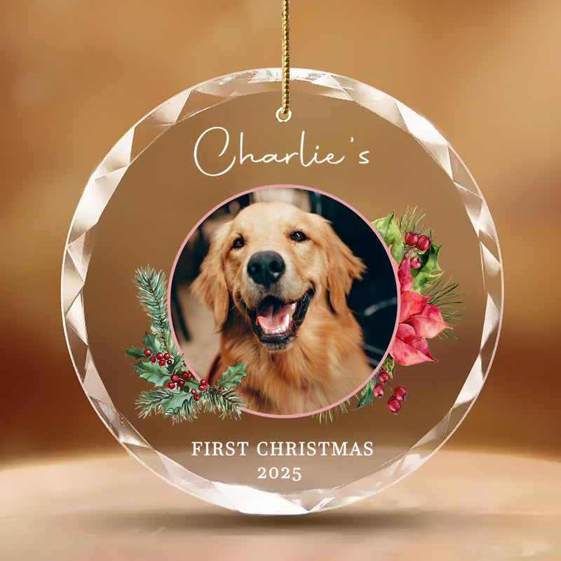 Personalized crystal ornament the golden retriever, "First Christmas 2025". Custom pet Christmas decor, for dog lovers.
