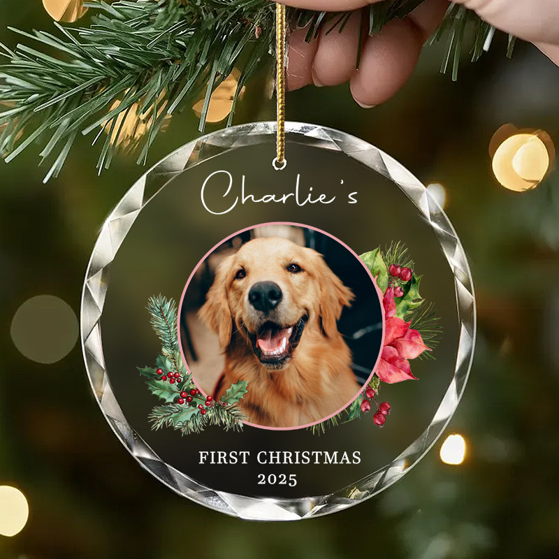 Personalized crystal Christmas ornament featuring dog (Charlie) photo, "First Christmas 2025". Custom pet holiday decor, ideal for golden retriever lovers