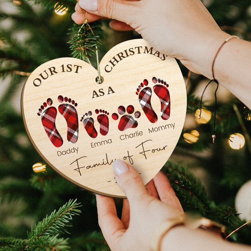 First Christmas as a Family of Four – Personalized Wooden Footprint Heart Ornament – Gift for Families & Loved Ones