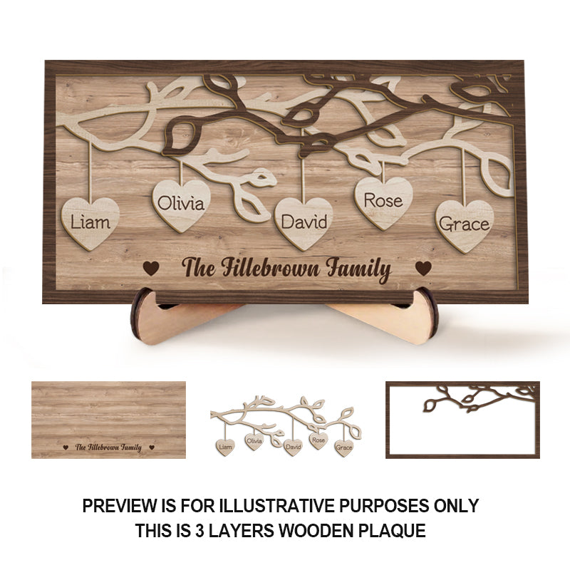 Custom 3-Layer Wooden Family Tree Sign with Hanging Hearts – Personalized Gift for Mom, Dad & Family