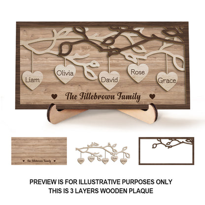 Custom 3-Layer Wooden Family Tree Sign with Hanging Hearts – Personalized Gift for Mom, Dad & Family