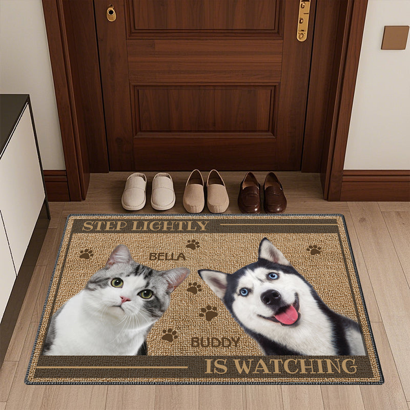 Custom Photo Step Lightly, The Dog And Cat Are Watching - Dog & Cat Personalized Custom Home Decor Decorative Mat - House Warming Gift For Pet Owners, Pet Lovers