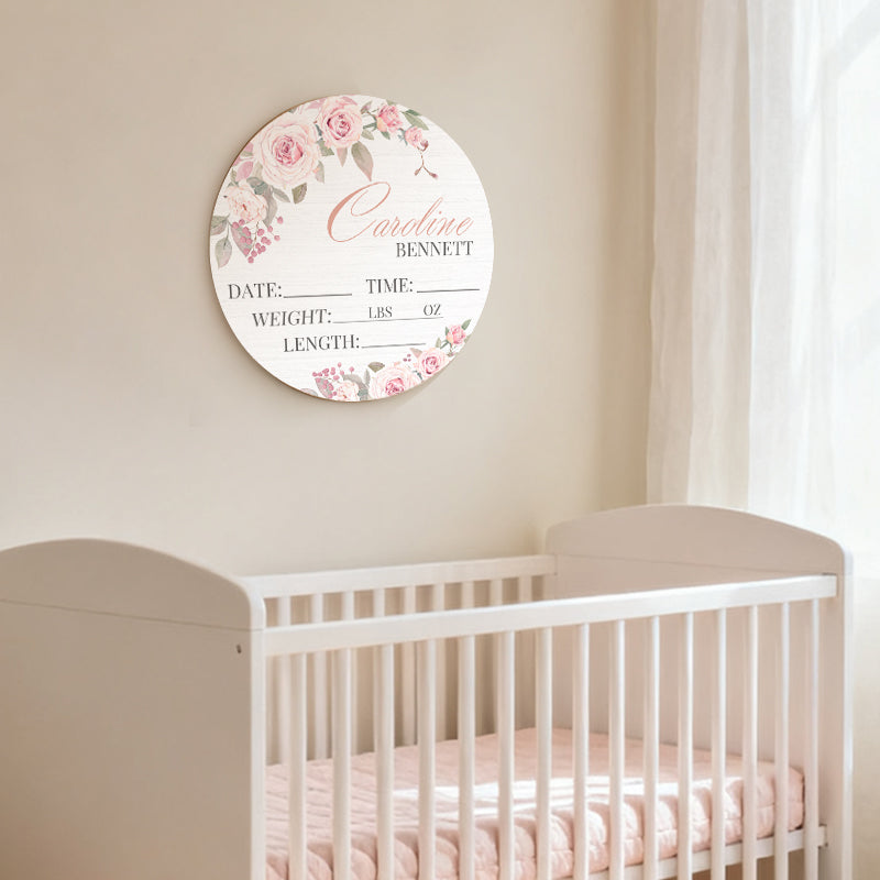 Personalized Baby Stats Wooden Sign – Custom Floral Design for Nursery, Hospital Door, or Baby Shower Gift