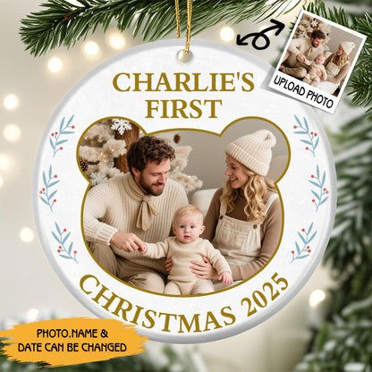 Personalized Baby’s First Christmas Ornament – Custom Bear Photo with Name and Year – Gift for Babies and Families