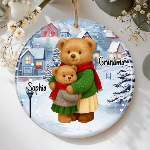 Heartwarming Teddy Bear Grandma Hugging Grandkid - Personalized Ceramic Ornament - Gift For Grandkids, Granddaughter, Grandson